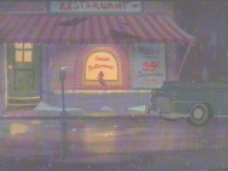 A hungry Banjo looks into a restaurant window