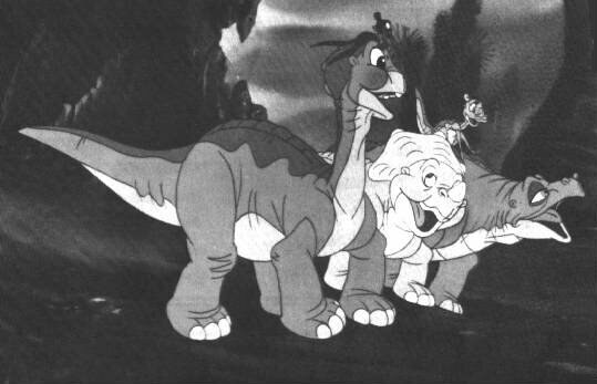 (From Left) Petrie on top of Littlefoot, Ducky on top of Cera and Spike. (Picture from 'The Animated Films of Don Bluth')
